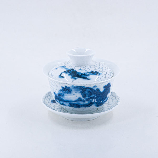 Porcelain Blue and White Crackle Landscape of Lakes and Mountains Gaiwan