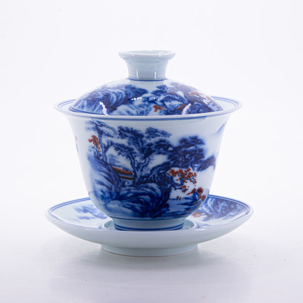 Blue and White Underglaze Red Porcelain Landscape Design Gaiwan