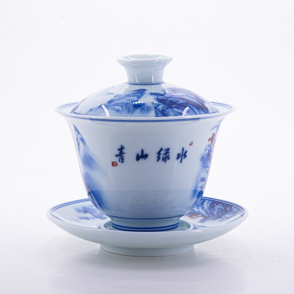 Blue and White Underglaze Red Porcelain Landscape Design Gaiwan