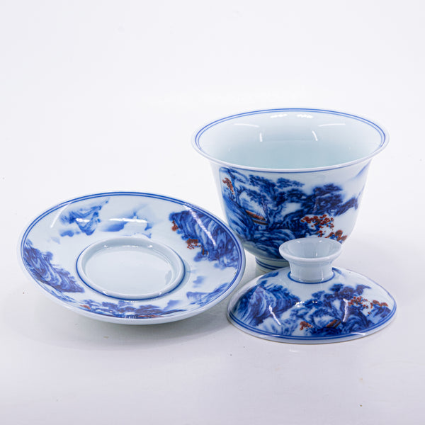 Blue and White Underglaze Red Porcelain Landscape Design Gaiwan