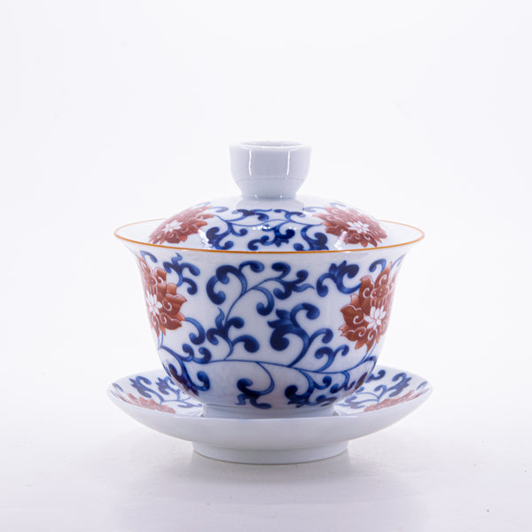 Brow Rim Blue and White Big Red Flower Porcelain Chan Zhi Lian Design Gaiwan