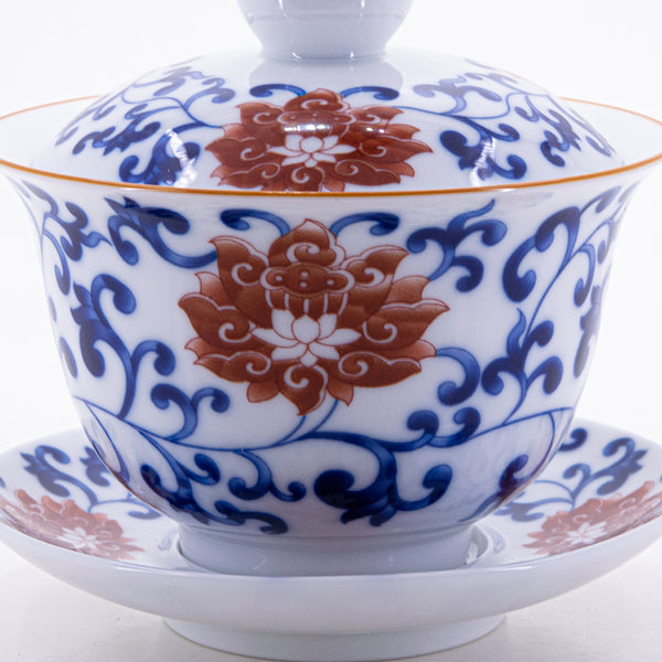 Brow Rim Blue and White Big Red Flower Porcelain Chan Zhi Lian Design Gaiwan