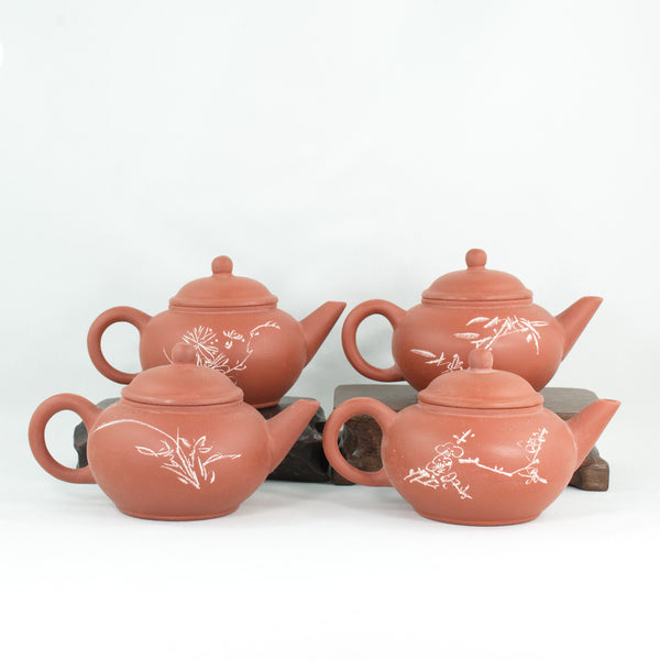 Yixing 1980's #6 Hongni Flower and Poem Series Set of 4 Yixing Teapots - Mei Lan Zhu Qu (Plum, Orchid, Bamboo, Chrysanthemum)