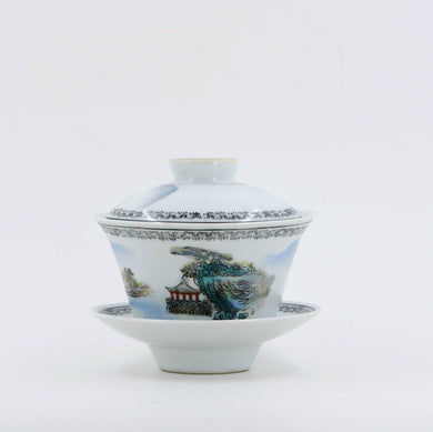 1970s Famille-Rose Porcelain Hand-Painted Landscape Design Gaiwan