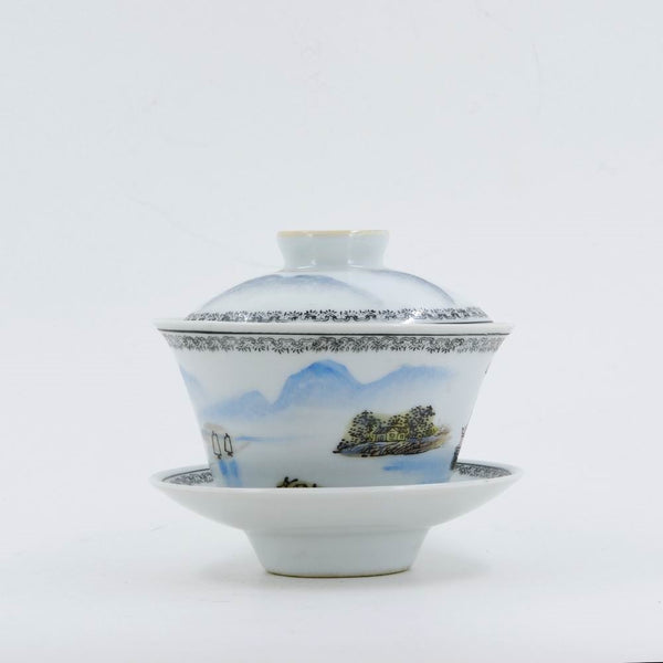 1970s Famille-Rose Porcelain Hand-Painted Landscape Design Gaiwan