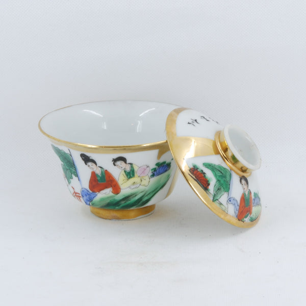 Antique Famille-Rose Porcelain Beauty Design Hand-Painted Gaiwan