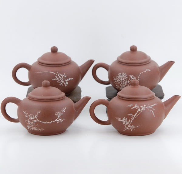 Yixing 1980's Flower and Poem Series Set of 4 Yixing Teapots - Mei Lan Zhu Qu (Plum, Magnolia, Bamboo, Chrysanthemum)